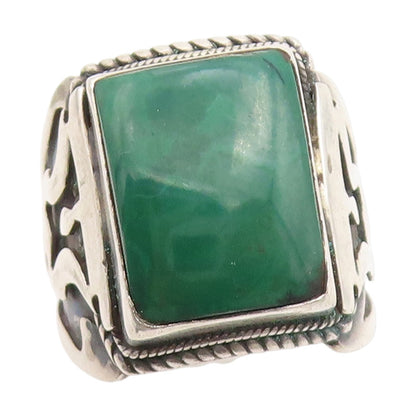 925 Sterling Silver Vintage Ring Green Gemstone Chunky Carved Band Sz 8 RG34831