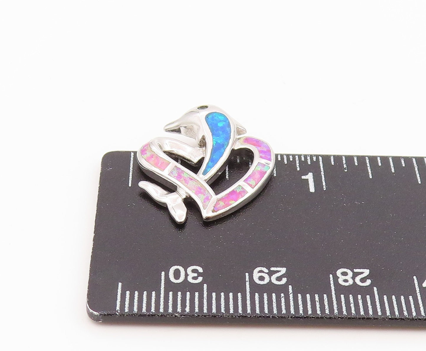 925 Sterling Silver Vintage Pendant Fire Opal Inlay Dolphin & Love Heart PT25977