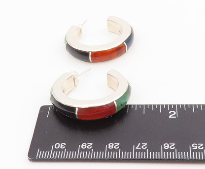 925 Sterling Silver Vintage Earrings MEXICO Multi Gemstone Inlay Hoops  EG13956