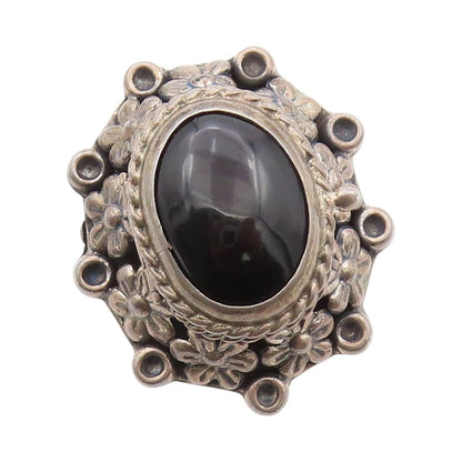 925 Sterling Silver Vintage Ring MEXICO Onyx Dark Tone Floral OPENS SZ 9 RG32111