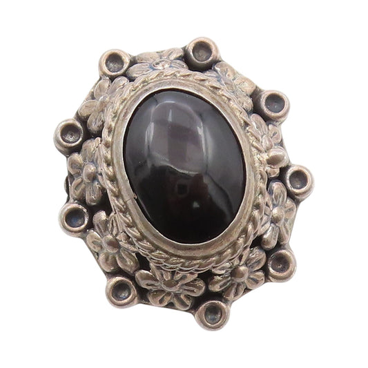 925 Sterling Silver Vintage Ring MEXICO Onyx Dark Tone Floral OPENS SZ 9 RG32111