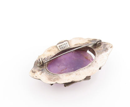 925 Sterling Silver Vintage Brooch MEXICO Oval Amethyst Antique Flower  BP11538