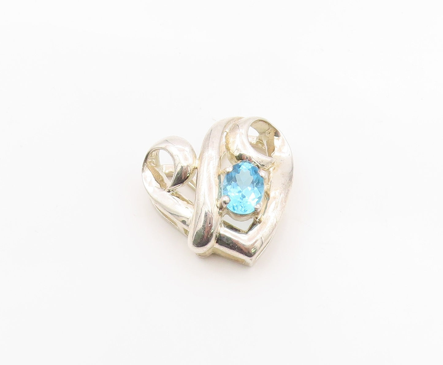 925 Sterling Silver Vintage Pendant Modernist Blue Topaz Love Heart  PT26329