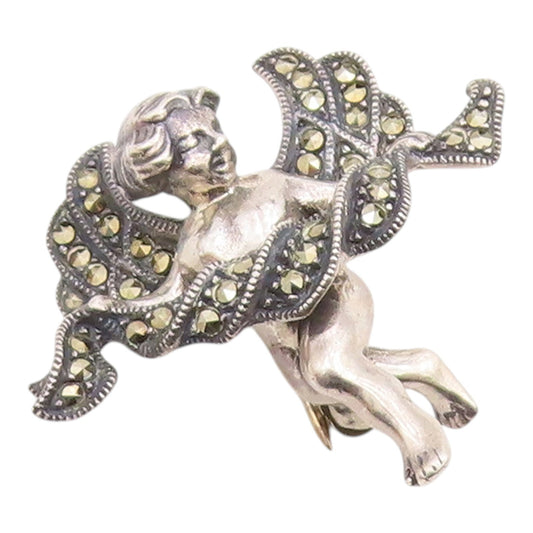 JUDITH JACK 925 Silver  Vintage Marcasite Sculpted Angel Brooch Pin  BP9373