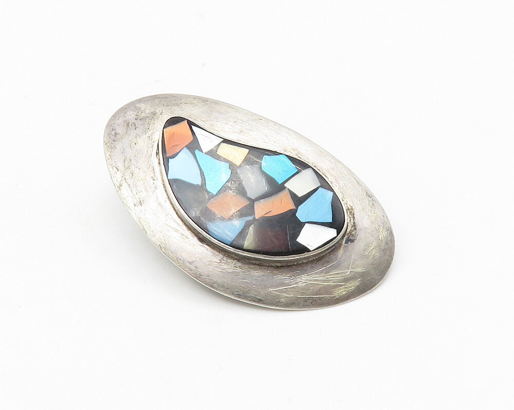 ISRAEL 925 Sterling Silver  Vintage Mother Of Pearl Mosaic Brooch Pin  BP4273