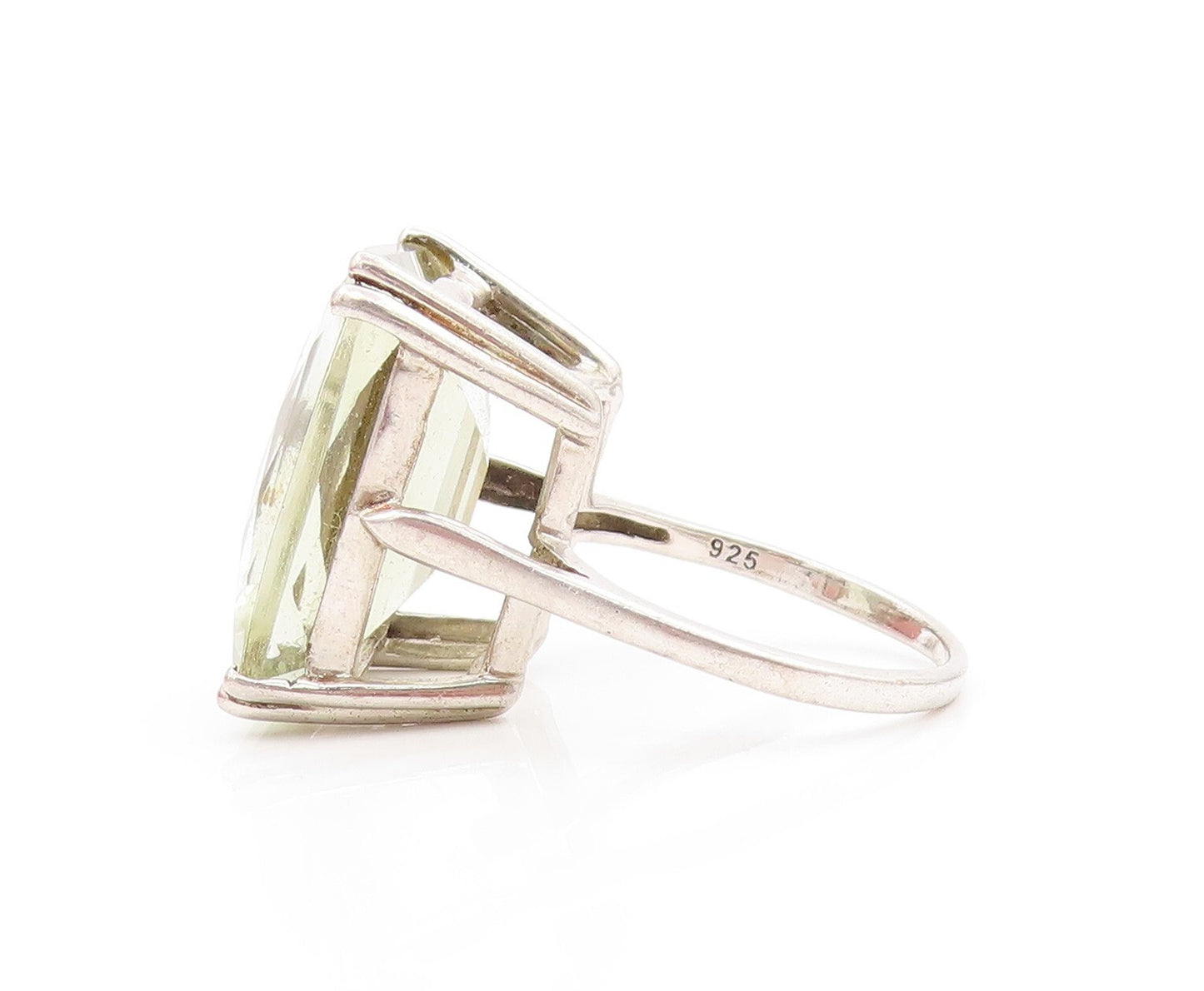 925 Sterling Silver Vintage Ring Rectangle Cut Green Amethyst  Sz 8  RG31888
