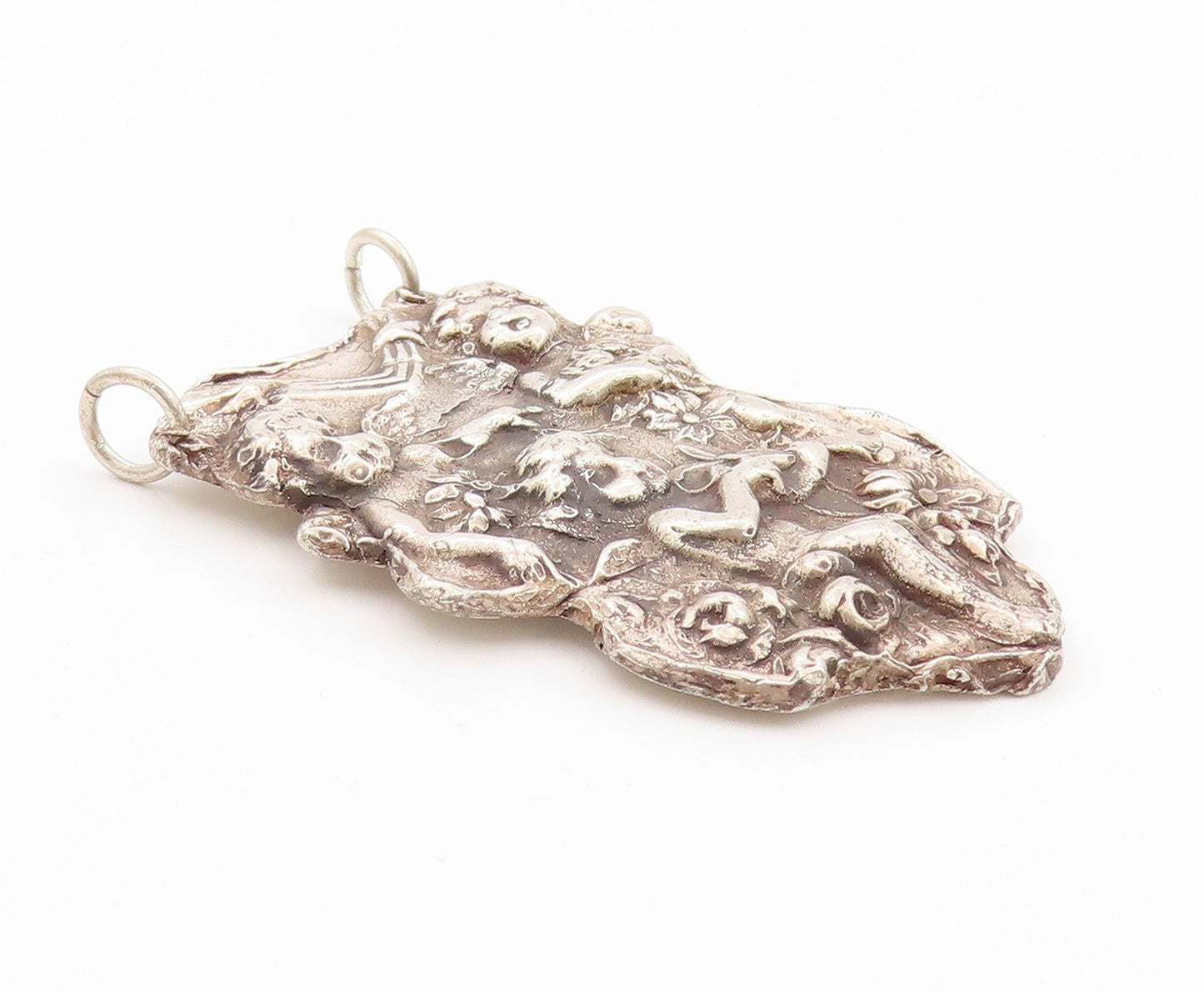 925 Sterling Silver Vintage Pendant Dark Tone Antique Cherubs Carved  PT24131