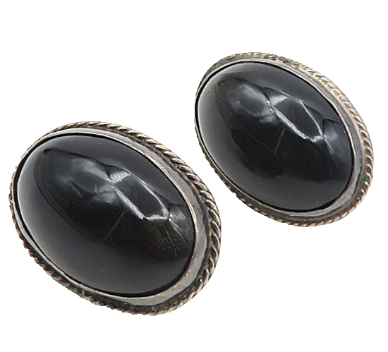925 Sterling Silver  Vintage Cabochon Black Onyx Non Pierce Earrings  EG4767