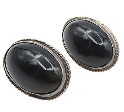 925 Sterling Silver  Vintage Cabochon Black Onyx Non Pierce Earrings  EG4767