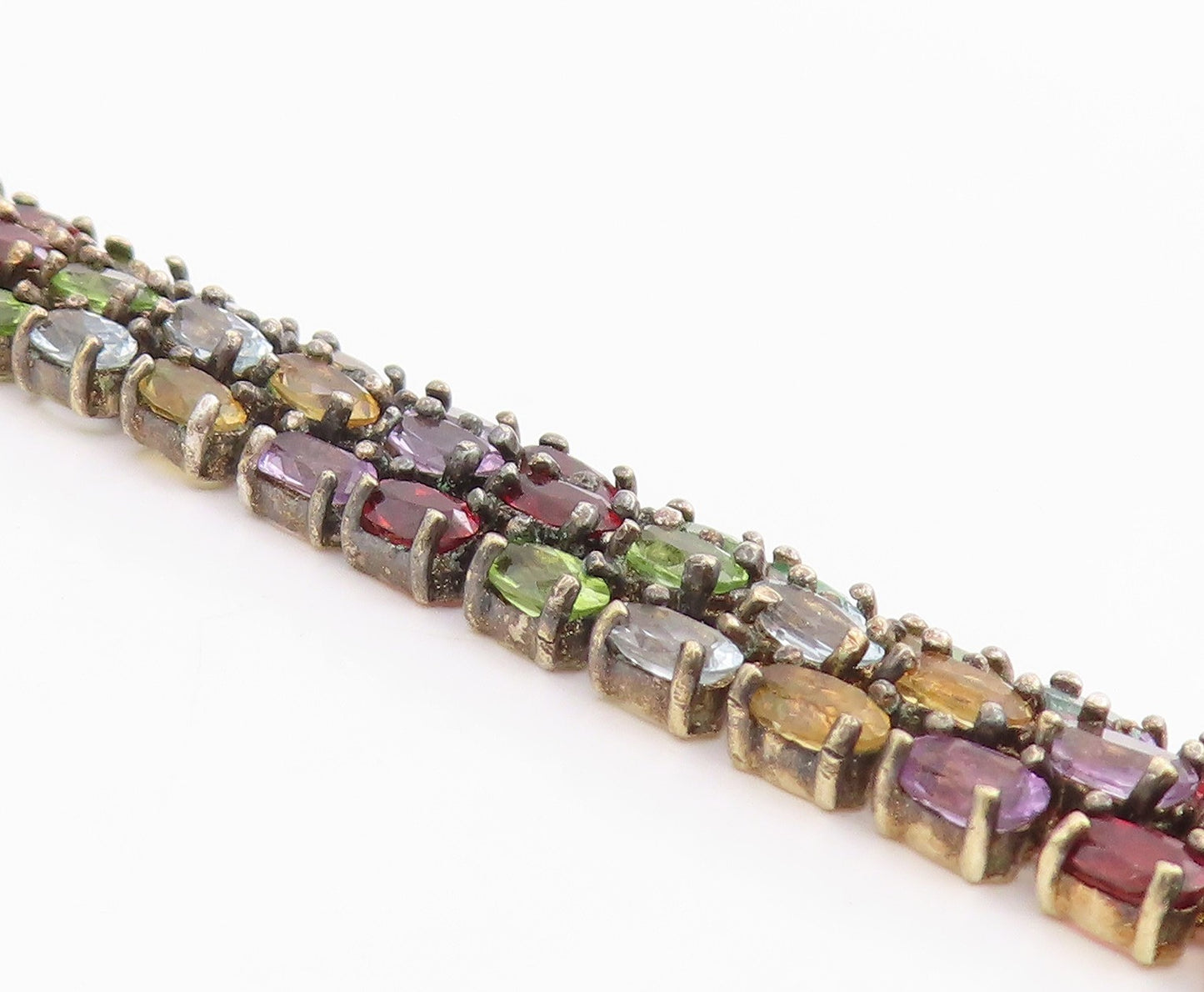 925 Sterling Silver Vintage Bracelet Gold Plated Multi Gemstone Link  BT11833