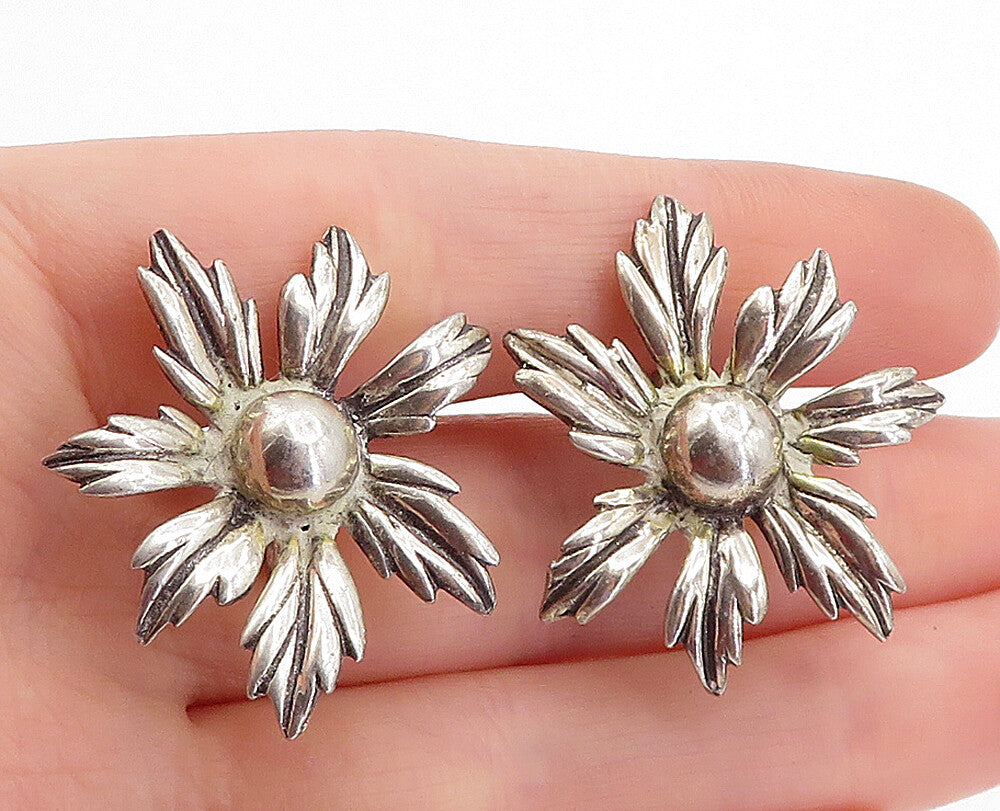 925 Sterling Silver  Vintage Sculpted Flower Non Pierce Drop Earrings  EG2352