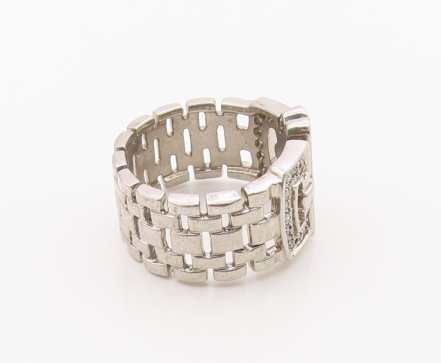 925 Sterling Silver Vintage Ring Real Diamonds Classic Belt Band  Sz 9  RG36396