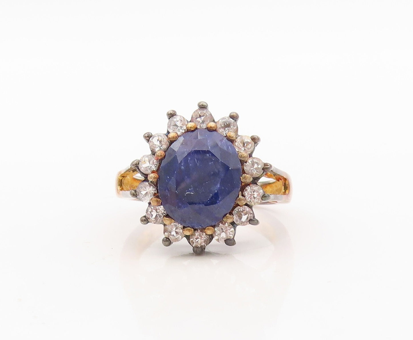 925 Sterling Silver Vintage Ring Gold Plated Blue Gemstone & CZ  Sz 8  RG30427