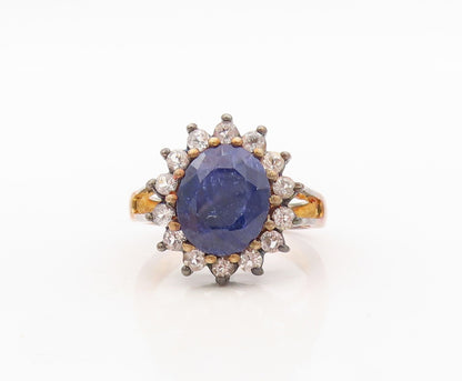 925 Sterling Silver Vintage Ring Gold Plated Blue Gemstone & CZ  Sz 8  RG30427