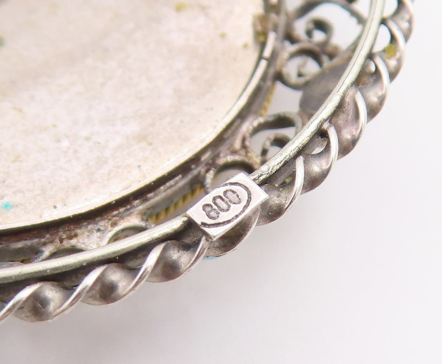 925 Sterling Silver Vintage Brooch Pin Turquoise Openwork Lady Portrait  BP12647