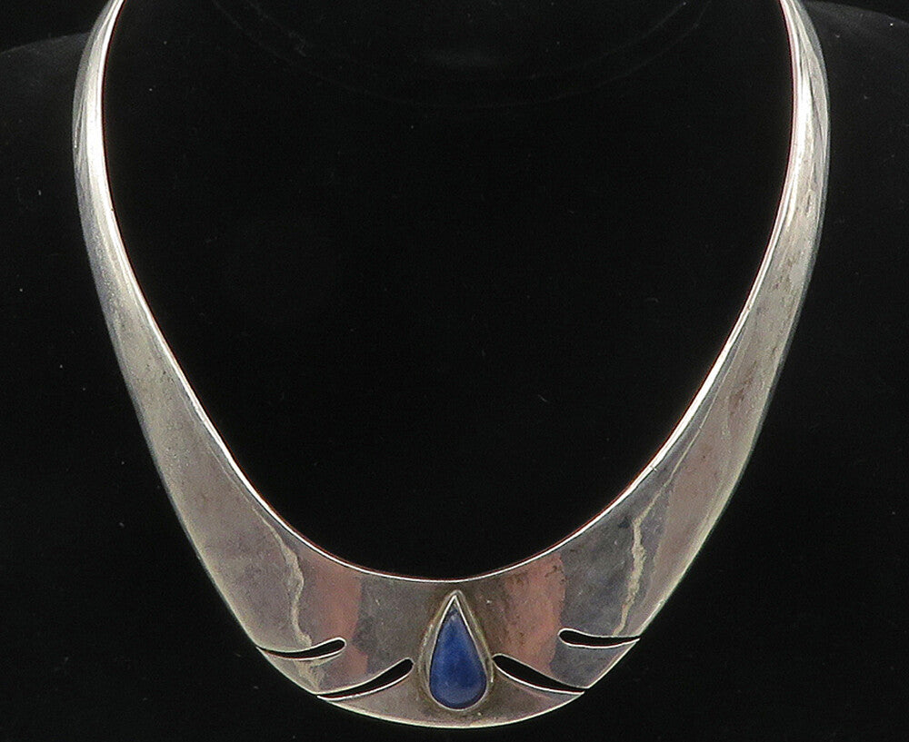 MEXICO 925 Sterling Silver  Vintage Lapis Lazuli Cutout Collar Necklace NE1897