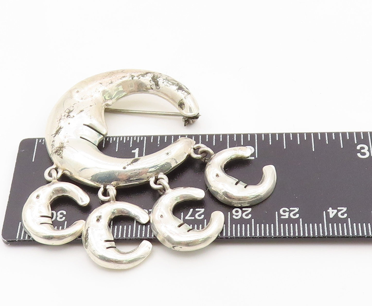 925 Sterling Silver Vintage Brooch MEXICO Celestial Crescent Moon Dangle BP12133