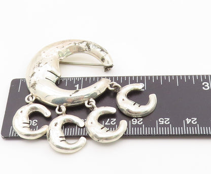 925 Sterling Silver Vintage Brooch MEXICO Celestial Crescent Moon Dangle BP12133