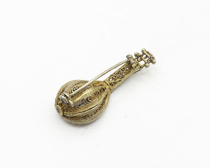 925 Sterling Silver  Vintage Antique Filigree Banjo Motif Brooch Pin  BP7079