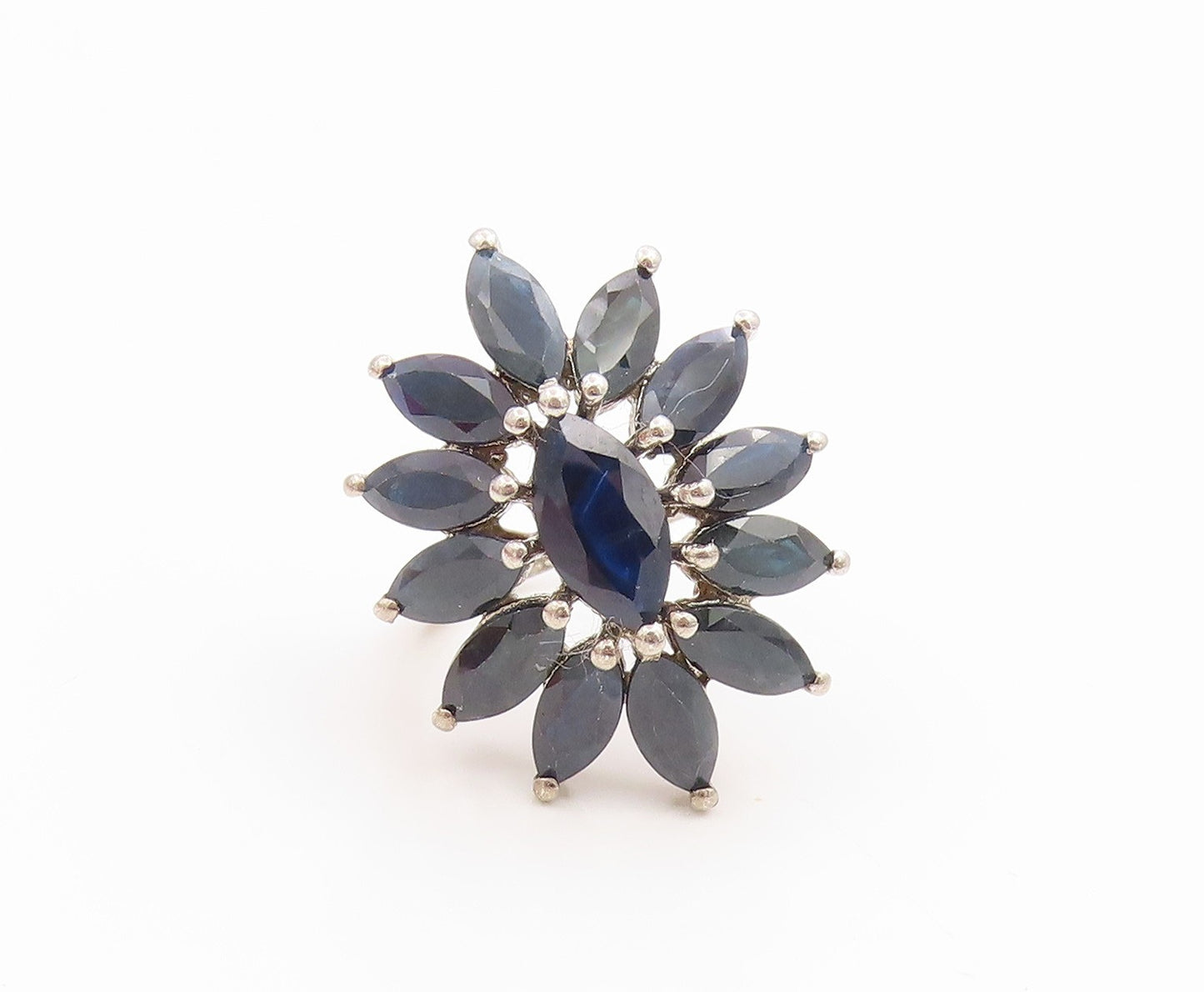925 Sterling Silver Vintage Ring Elegant Sapphire Floral Cluster  Sz 6  RG36130