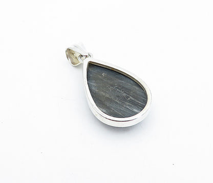 925 Sterling Silver  Cabochon Cut Black Agate Shiny Tear Drop Pendant  PT3123
