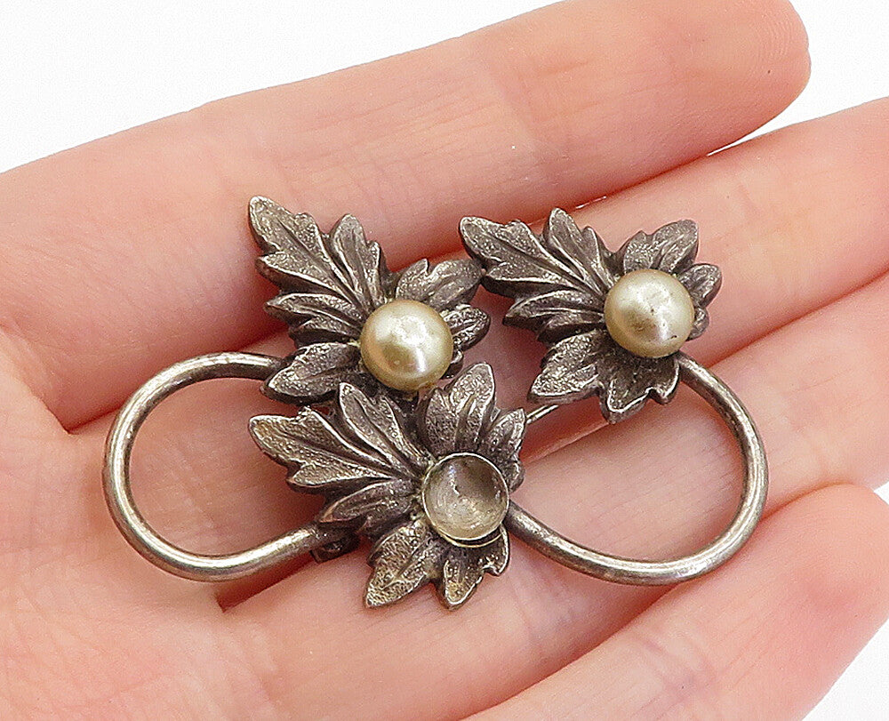 925 Sterling Silver  Vintage Pearls Dark Tone Autumn Leaves Brooch Pin  BP1696