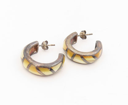 925 Sterling Silver Vintage Earrings Mother Of Pearl Geometric Inlay  EG13870