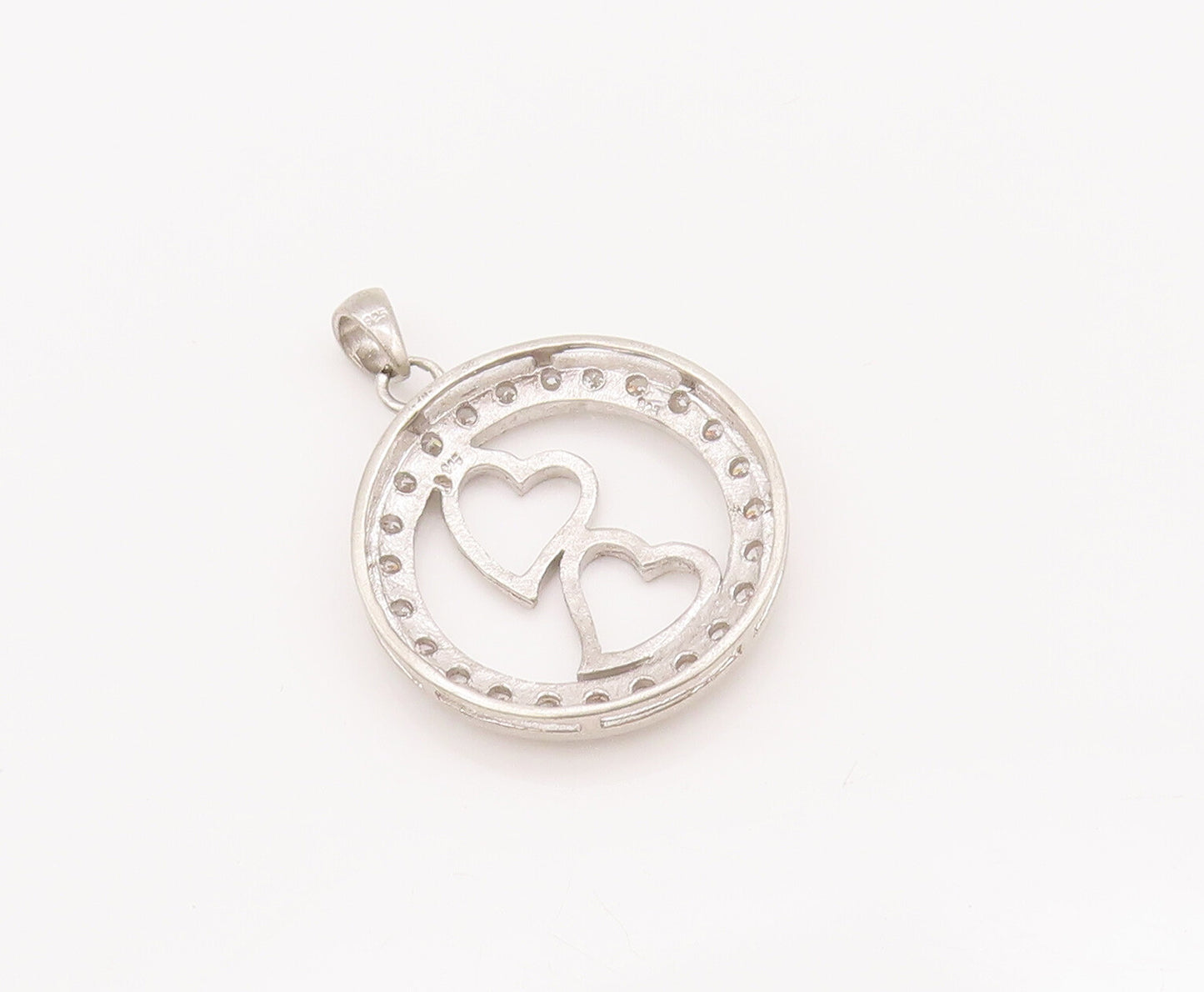 925 Sterling Silver Vintage Pendant Cutout Round CZ Framed Love Hearts  PT22999