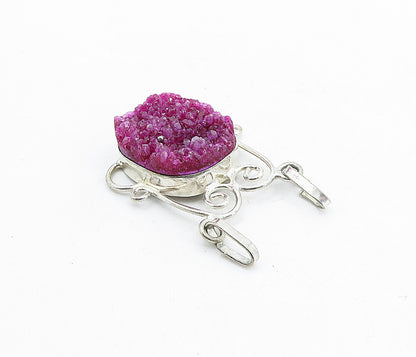 925 Sterling Silver  Vintage Druzy Magenta Agate Swirl Drop Pendant  PT3953