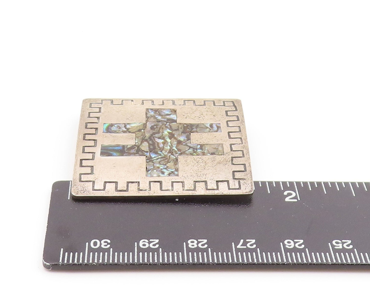 925 Sterling Silver Vintage Brooch Pin MEXICO Abalone Inlay Square  BP12436