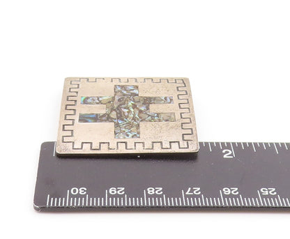 925 Sterling Silver Vintage Brooch Pin MEXICO Abalone Inlay Square  BP12436