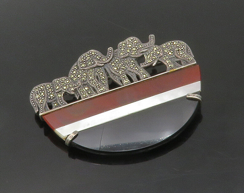 925 Silver  Vintage Black Onyx Mother Of Pearl & Carnelian Brooch Pin  BP6645