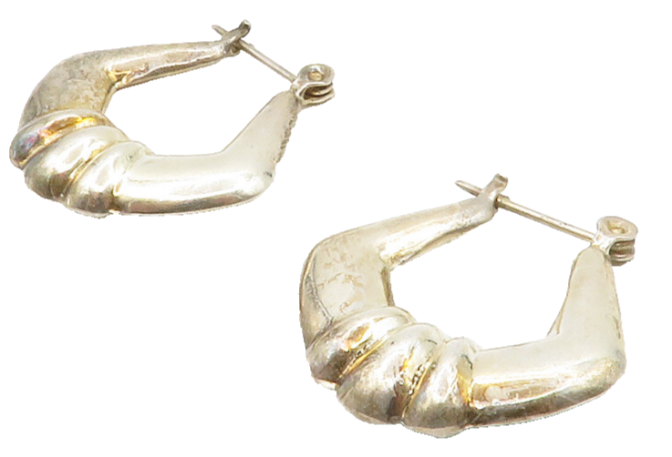 925 Sterling Silver  Vintage Hollow Fluted Detail Shiny Hoop Earrings  EG6921