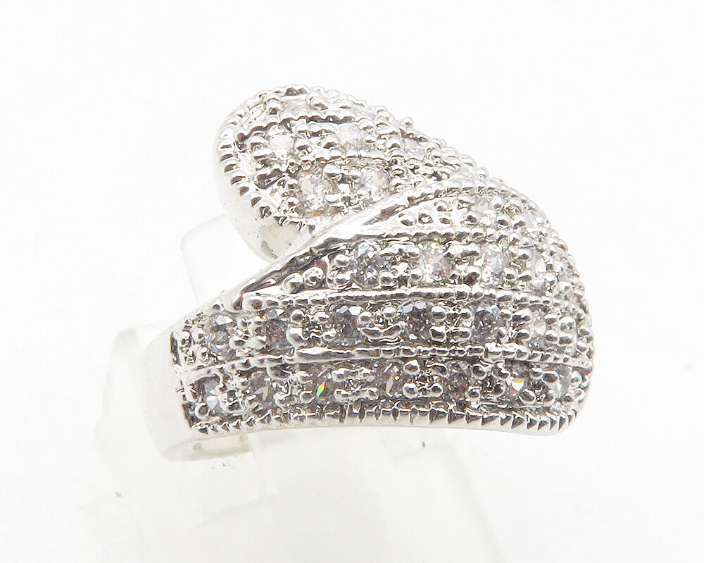 925 Sterling Silver  Shiny Topaz Encrusted Bypass Band Ring Sz 5  RG12107