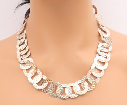 925 Sterling Silver Vintage Necklace Interlocking Hammered Circular Disc NE4743