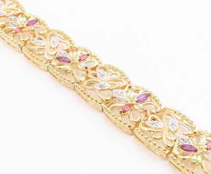 925 Sterling Silver Vintage Bracelet Gold Plated Gemstone Floral Link  BT12076