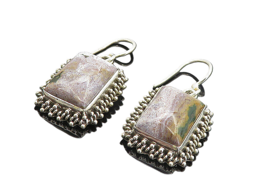 925 Sterling Silver  Vintage Cabochon Cut Jasper Square Dangle Earrings EG3117