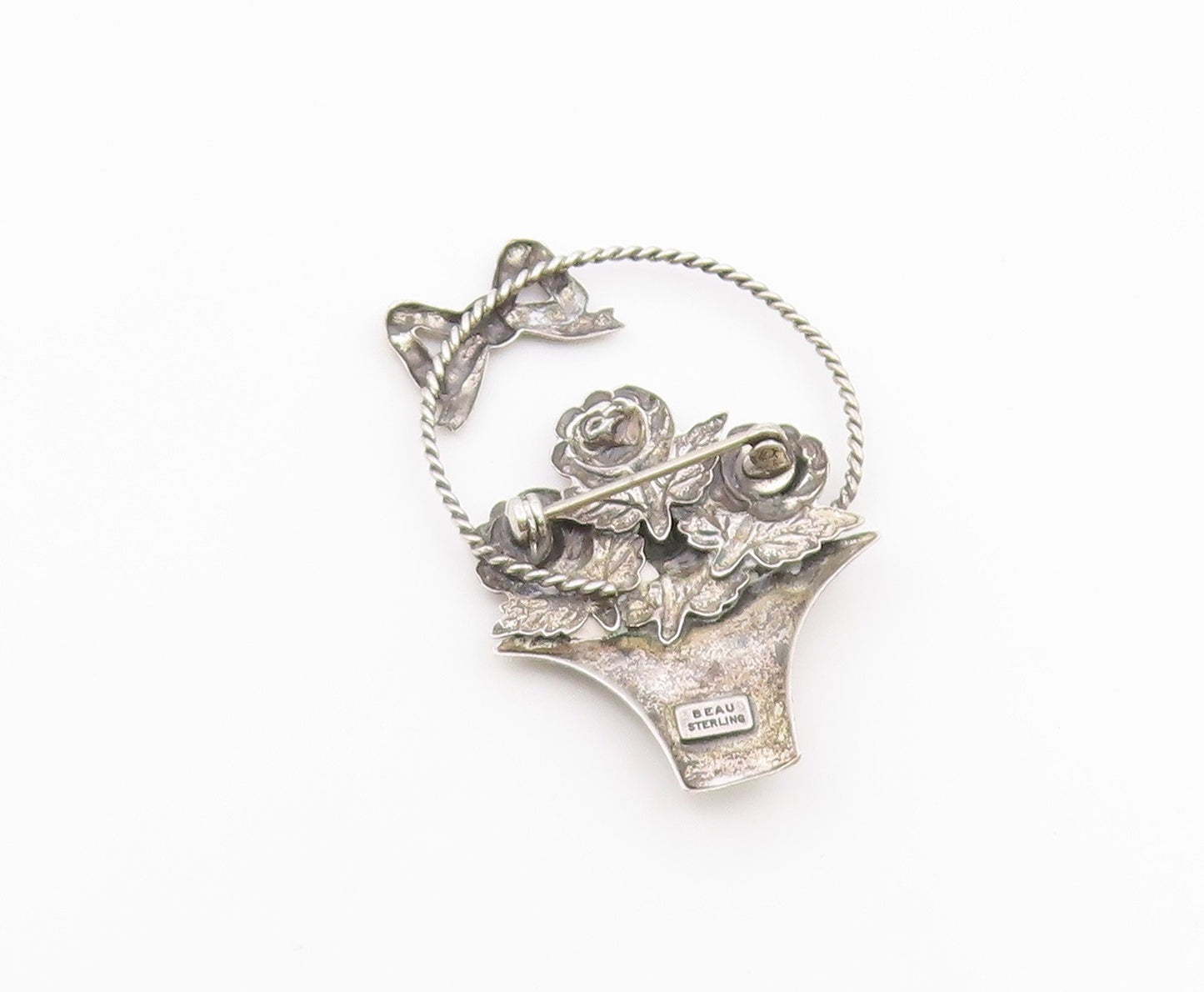BEAU 925 Silver  Vintage Rose Flower Basket With Bow Tie Brooch Pin  BP9790