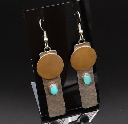 925 Silver  Vintage Round Disc & Hammered Flat Bar Turquoise Earrings  EG12230