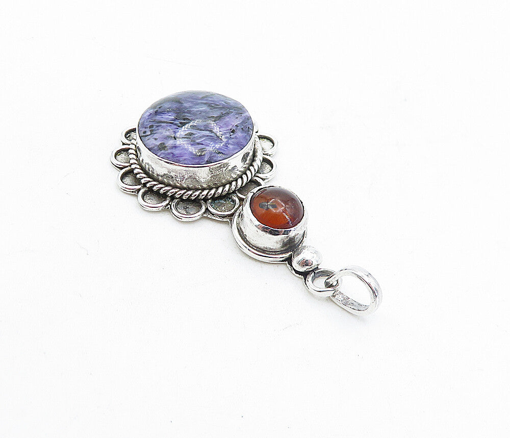 925 Sterling Silver  Vintage Charoite & Amber Floral Twist Pendant  PT3682