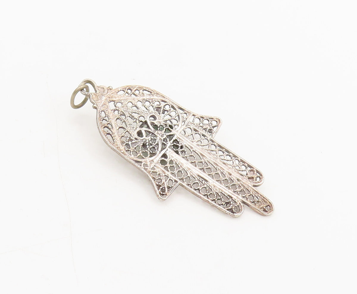 925 Sterling Silver  Vintage Filigree work Turquoise Hamsa Pendant  PT22323