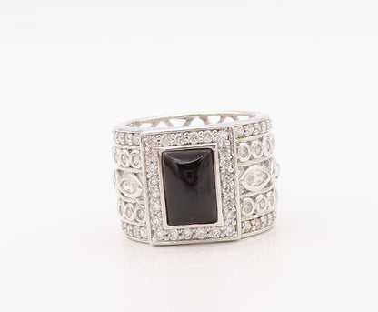 925 Sterling Silver Vintage Ring Designer Broad CZ Band & Onyx  Sz 6.5  RG30574