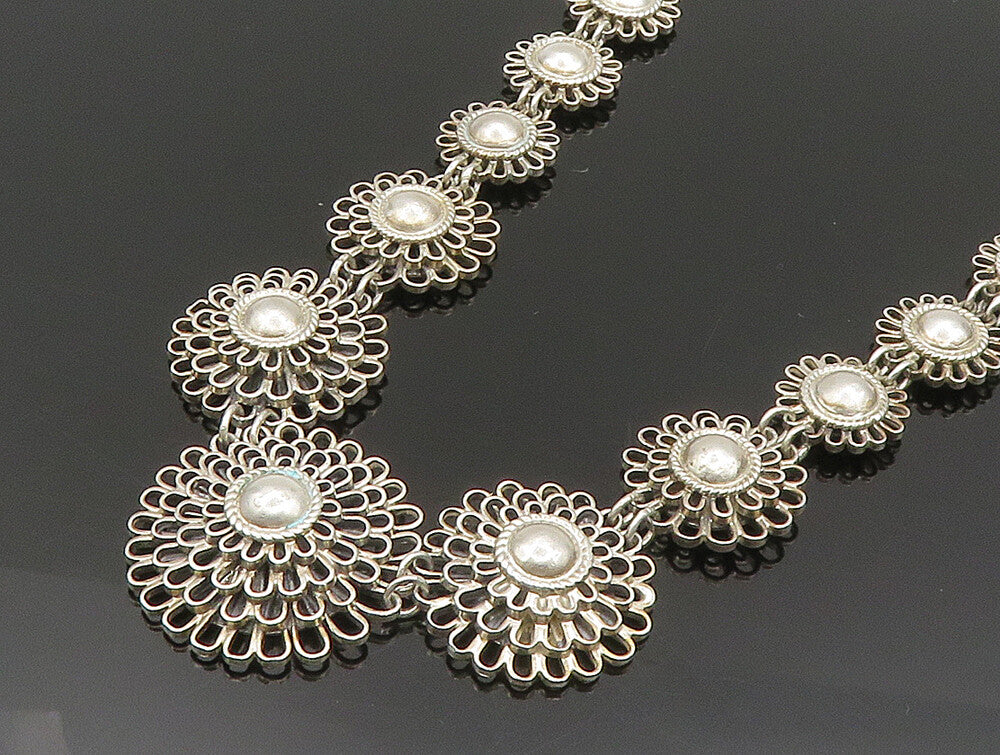925 Sterling Silver  Vintage Graduated Wire Flower Link Necklace  NE3821