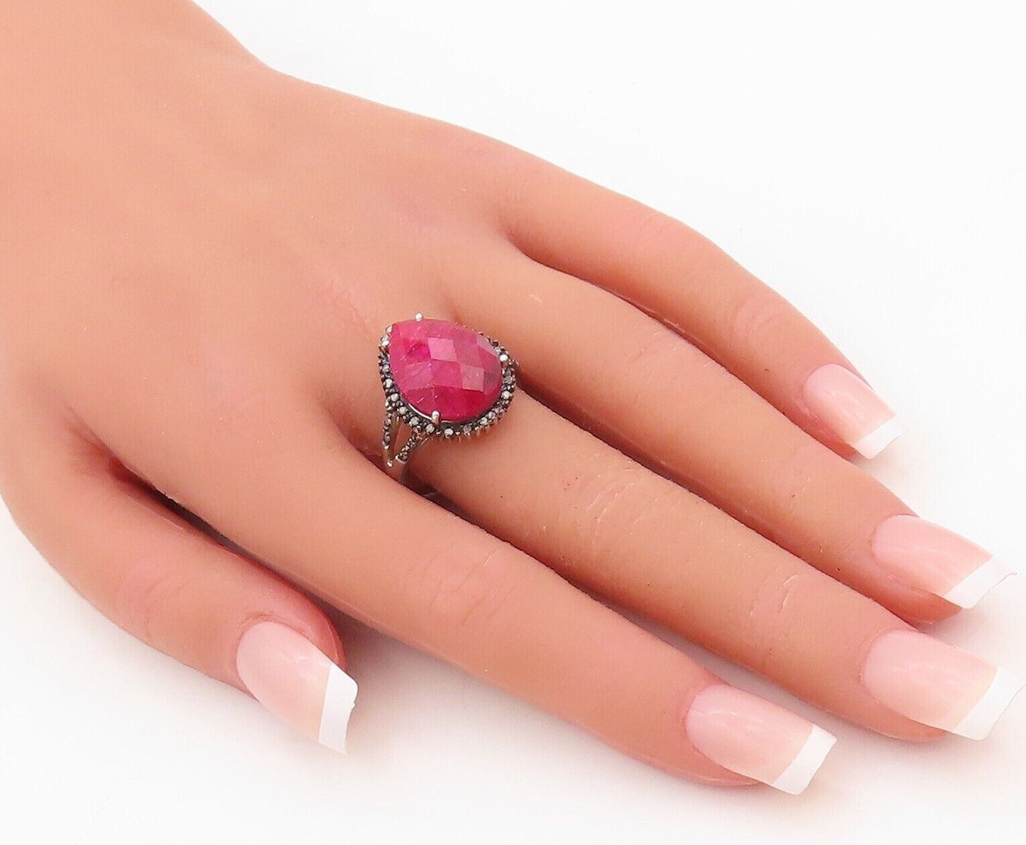 925 Sterling Silver Vintage Ring Diamonds & Round Pink Gemstone Sz 10.5 RG30324