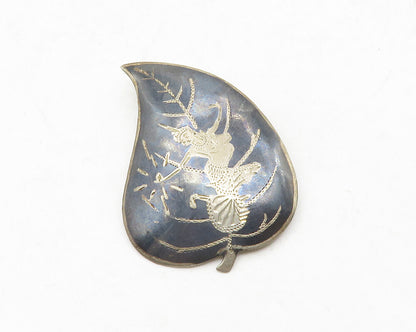 SIAM 925 Sterling Silver  Vintage Enamel Niello Dancer Leaf Brooch Pin  BP4913