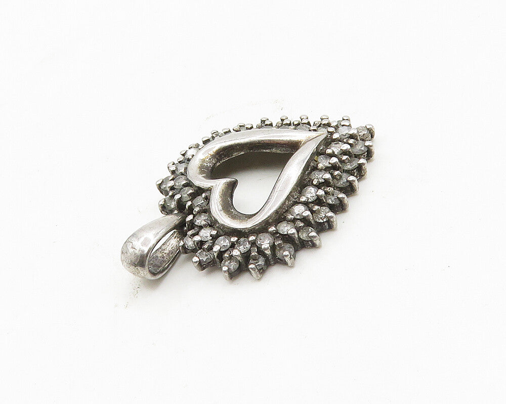 925 Sterling Silver  Vintage Genuine Diamonds Open Love Heart Pendant  PT14656