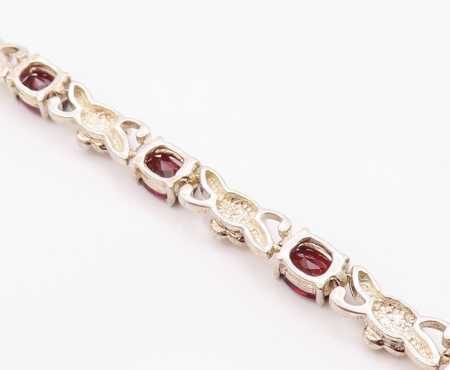 925 Sterling Silver Vintage Bracelet Elegant Garnet Carved Rose Link  BT12123