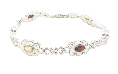 925 Sterling Silver  Peridot Amethyst Garnet & Topaz Chain Bracelet  BT4749