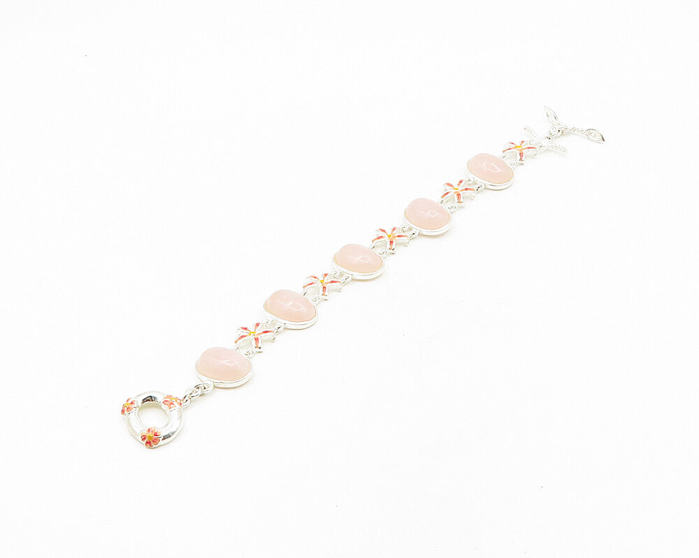 DAVID SIGAL 925 Silver  Cabochon Cut Rose Quartz Floral Chain Bracelet  BT7617
