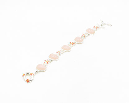 DAVID SIGAL 925 Silver  Cabochon Cut Rose Quartz Floral Chain Bracelet  BT7617